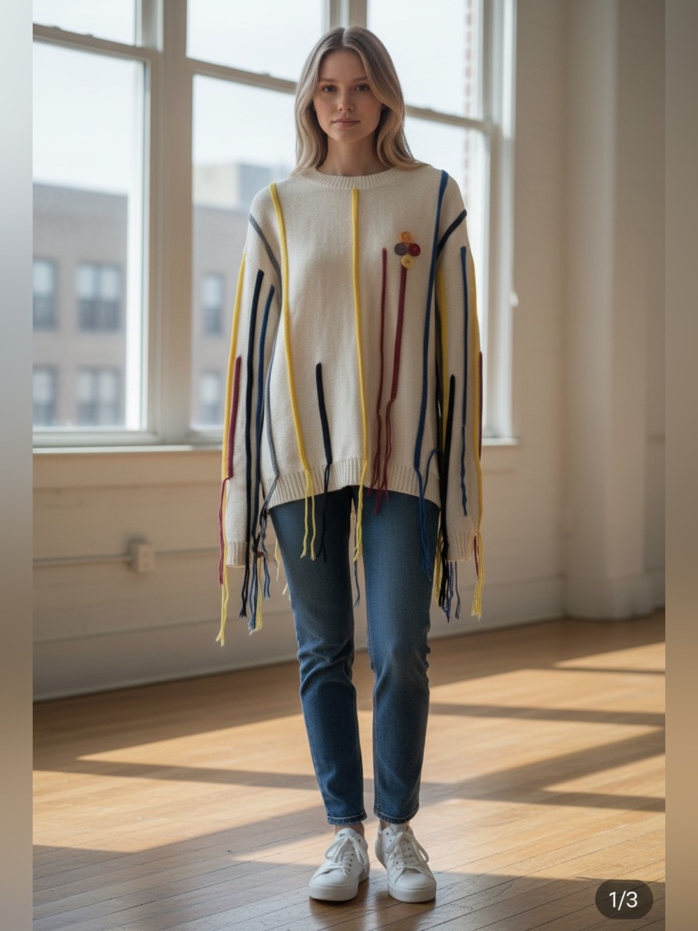 SHEIN Cream Crewneck Sweater with Multicolor Stripe Fringe
